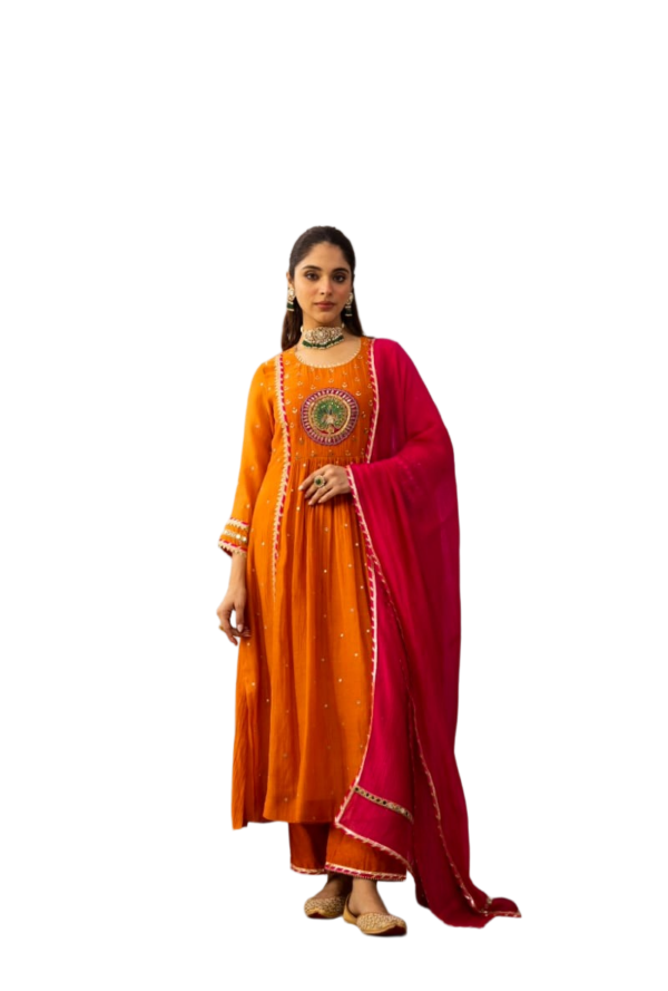women's cotton anarkali kurta set with embroidery, mirror work & malmal dupatta
