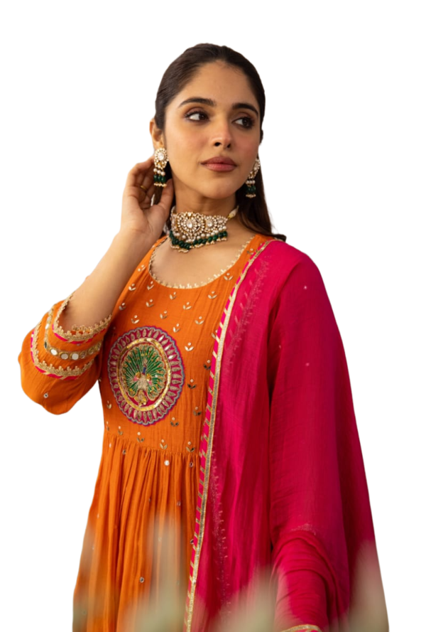 women's cotton anarkali kurta set with embroidery, mirror work & malmal dupatta