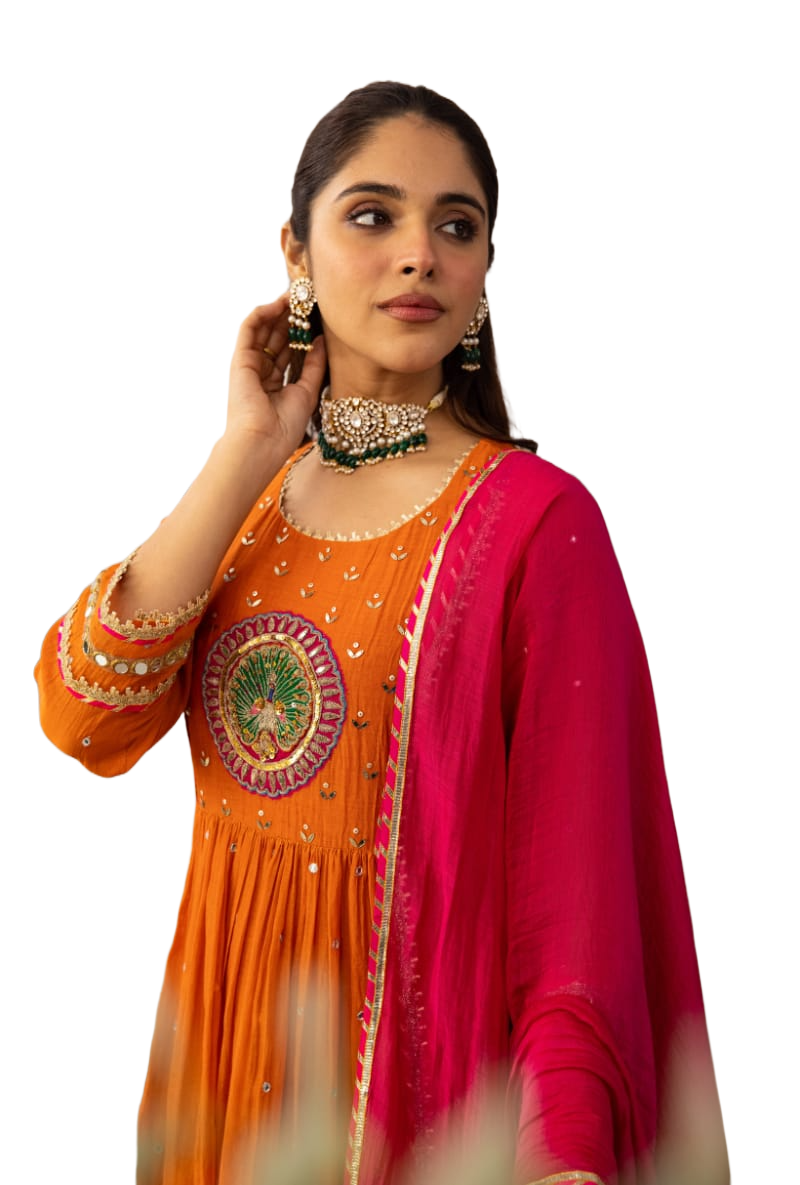 women's cotton anarkali kurta set with embroidery, mirror work & malmal dupatta women's cotton anarkali kurta set with embroidery, mirror work & malmal dupatta