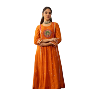 women's cotton anarkali kurta set with embroidery, mirror work & malmal dupatta