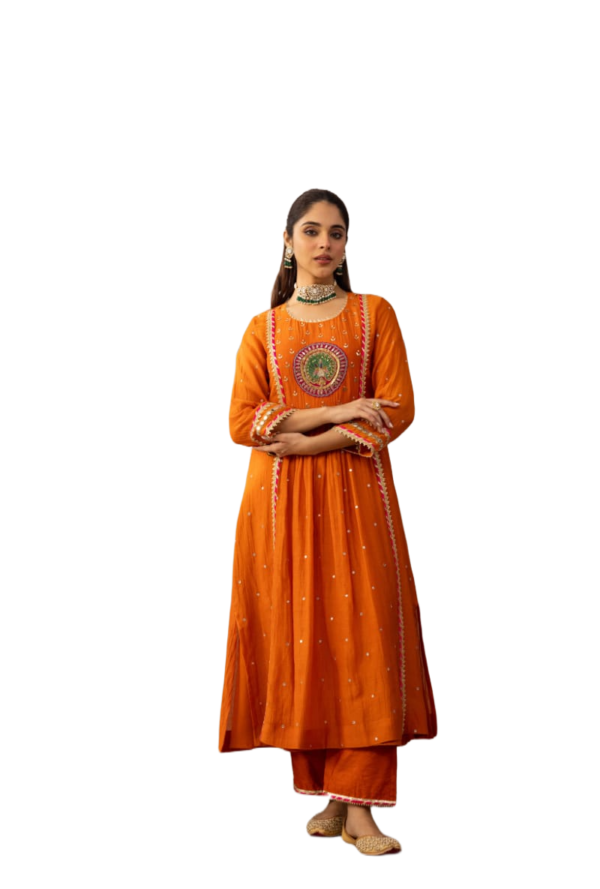 women's cotton anarkali kurta set with embroidery, mirror work & malmal dupatta